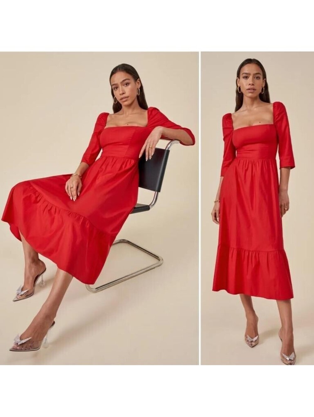 Reformation Cyprus Dress Red Organic Cotton Smocked Midi Size 10